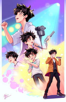 A dynamic 2D illustration of a young male singer with black hair, transitioning through various stages of his career