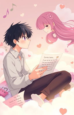 A young male singer with black hair, staring wistfully at a pink-haired girl in a dreamy, romantic scene