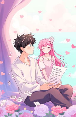 A young male singer with black hair, staring wistfully at a pink-haired girl in a dreamy, romantic scene