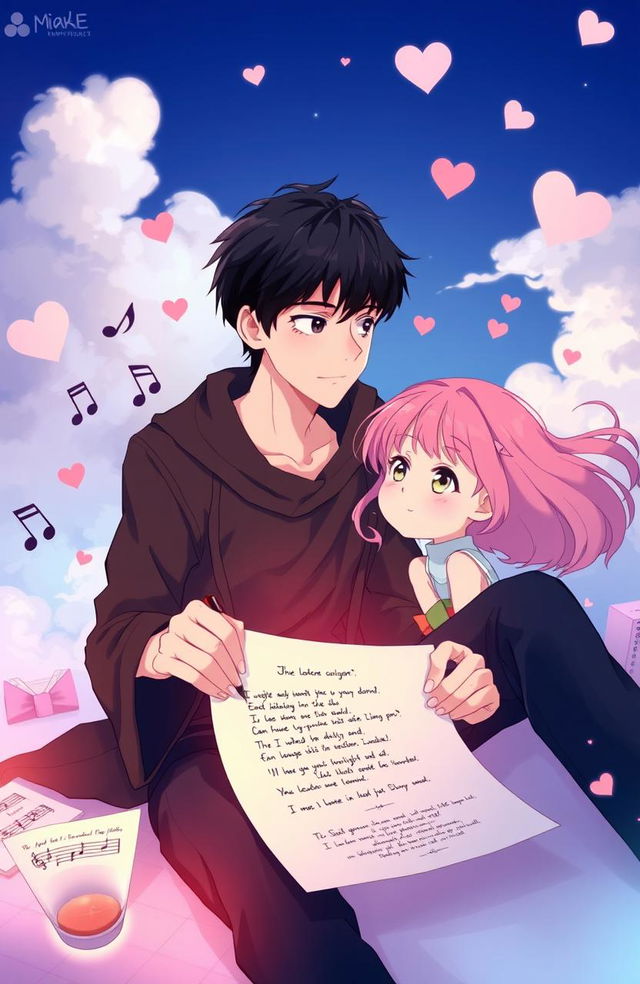 A young male singer with black hair, staring wistfully at a pink-haired girl in a dreamy, romantic scene