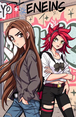 A dynamic illustration featuring two teenage girls who are enemies