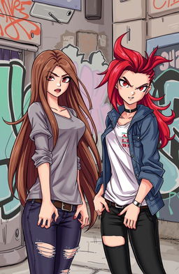 A dynamic illustration featuring two teenage girls who are enemies
