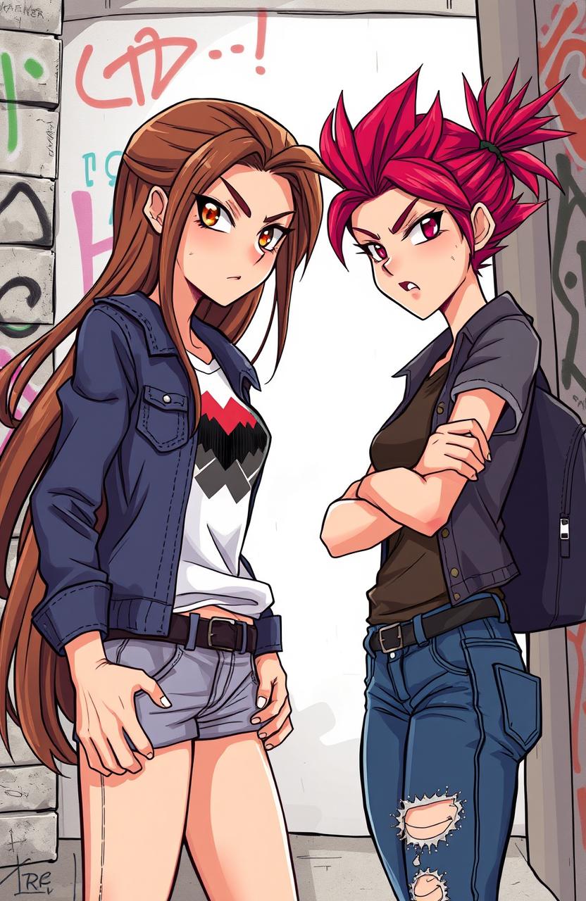 A dynamic illustration featuring two teenage girls who are enemies