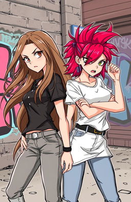 A dynamic illustration featuring two teenage girls who are enemies