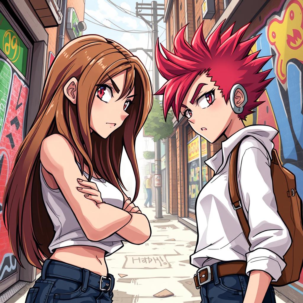 A vivid illustration depicting two teenage girls standing face-to-face, embodying a fierce rivalry