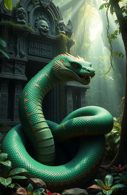 An ancient and majestic forgotten Naga king, coiled around a crumbling stone temple in a lush, overgrown jungle