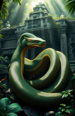 An ancient and majestic forgotten Naga king, coiled around a crumbling stone temple in a lush, overgrown jungle