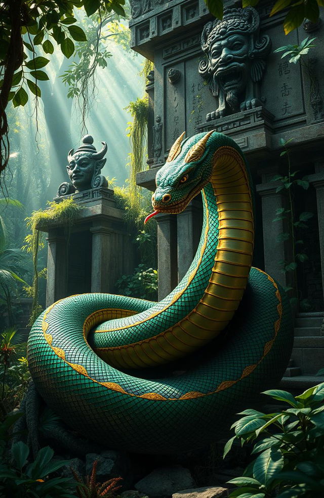 An ancient and majestic forgotten Naga king, coiled around a crumbling stone temple in a lush, overgrown jungle