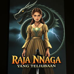 The cover of 'Raja Naga yang Terlupakan' featuring Alana, a girl with a strong aura, wearing a shimmering ancient gown adorned with a glowing dragon pendant around her neck