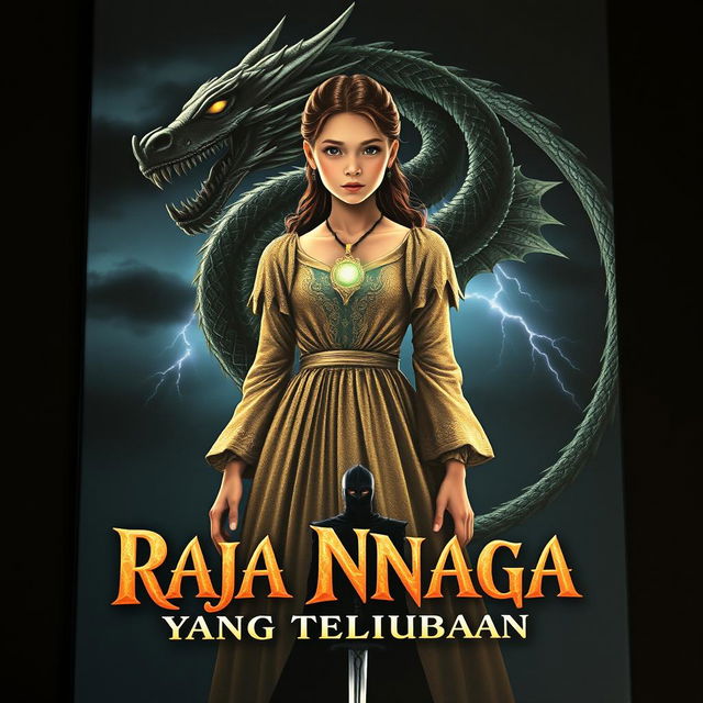 The cover of 'Raja Naga yang Terlupakan' featuring Alana, a girl with a strong aura, wearing a shimmering ancient gown adorned with a glowing dragon pendant around her neck