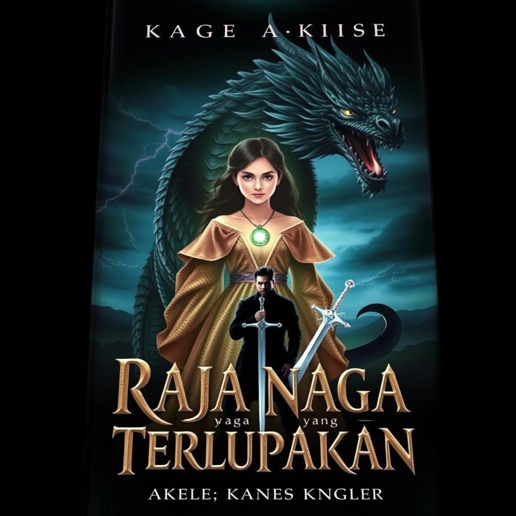 The cover of 'Raja Naga yang Terlupakan' featuring Alana, a girl with a strong aura, wearing a shimmering ancient gown adorned with a glowing dragon pendant around her neck