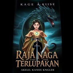 The cover of 'Raja Naga yang Terlupakan' featuring Alana, a girl with a strong aura, wearing a shimmering ancient gown adorned with a glowing dragon pendant around her neck