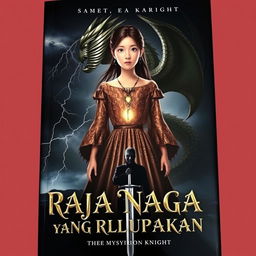 The cover of 'Raja Naga yang Terlupakan' featuring Alana, a girl with a strong aura, wearing a shimmering ancient gown adorned with a glowing dragon pendant around her neck