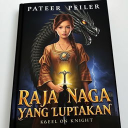 The cover of 'Raja Naga yang Terlupakan' featuring Alana, a girl with a strong aura, wearing a shimmering ancient gown adorned with a glowing dragon pendant around her neck