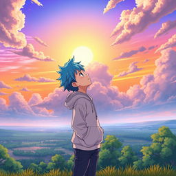 A vibrant anime character standing outdoors, gazing up at a mesmerizing sky filled with fluffy clouds and a radiant sunset