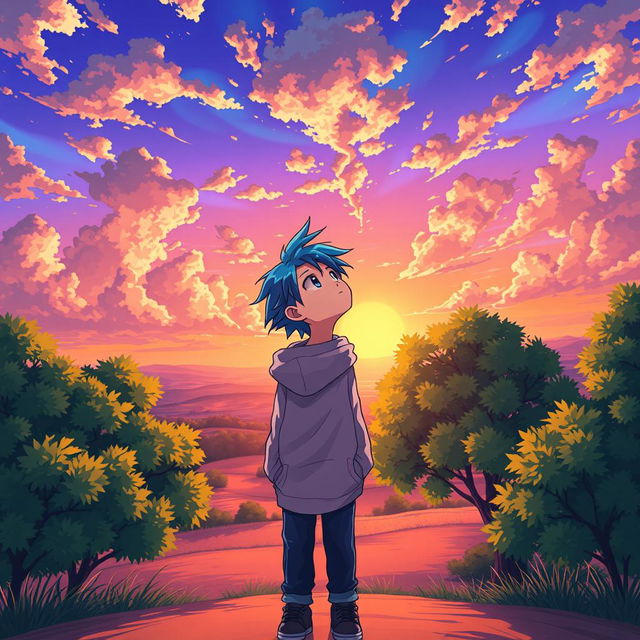 A vibrant anime character standing outdoors, gazing up at a mesmerizing sky filled with fluffy clouds and a radiant sunset