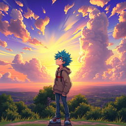 A vibrant anime character standing outdoors, gazing up at a mesmerizing sky filled with fluffy clouds and a radiant sunset