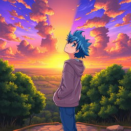 A vibrant anime character standing outdoors, gazing up at a mesmerizing sky filled with fluffy clouds and a radiant sunset