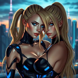 A stunningly beautiful female android named Android 18, with long blonde hair styled in a ponytail and striking blue eyes