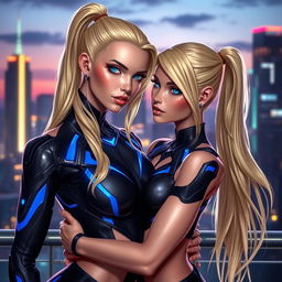 A stunningly beautiful female android named Android 18, with long blonde hair styled in a ponytail and striking blue eyes
