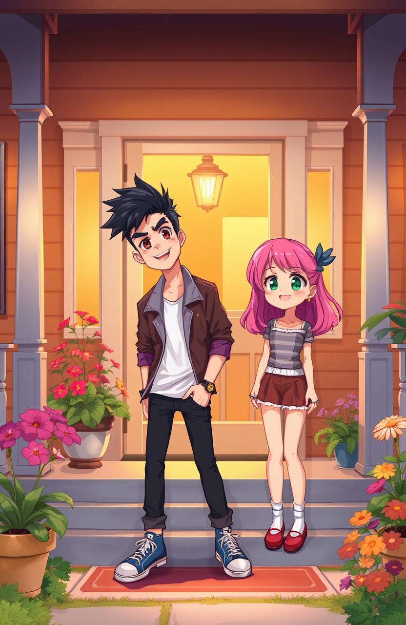 A stylish 2D illustration featuring a young male singer with striking black hair visiting the house of a girl