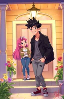 A stylish 2D illustration featuring a young male singer with striking black hair visiting the house of a girl