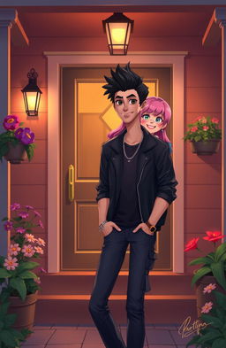 A stylish 2D illustration featuring a young male singer with striking black hair visiting the house of a girl