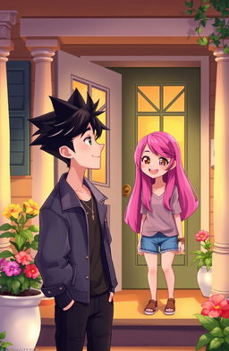 A stylish 2D illustration featuring a young male singer with striking black hair visiting the house of a girl