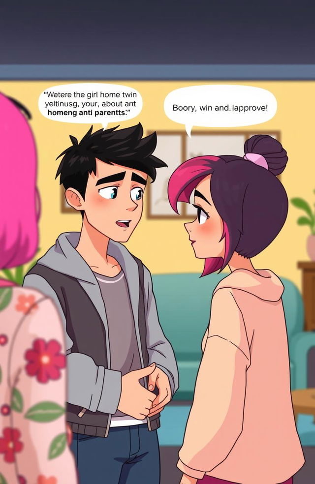 A scene featuring a young male singer with black hair, visiting a girl's house