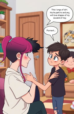 A scene featuring a young male singer with black hair, visiting a girl's house