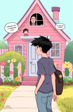 A 2D illustration of a young man with black hair, dressed casually, walking towards a house with a pink aesthetic