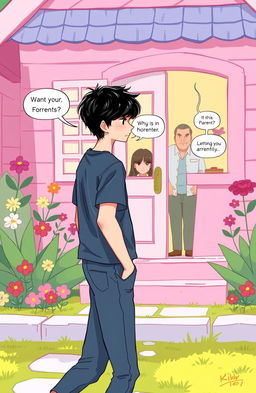 A 2D illustration of a young man with black hair, dressed casually, walking towards a house with a pink aesthetic