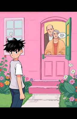 A 2D illustration of a young man with black hair, dressed casually, walking towards a house with a pink aesthetic
