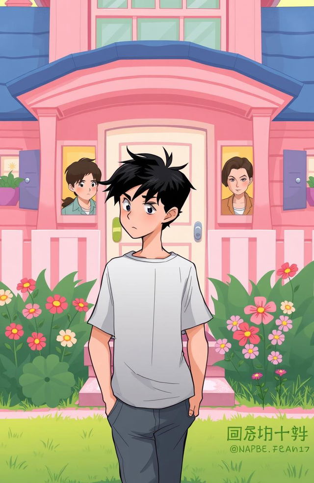 A 2D illustration of a young man with black hair, dressed casually, walking towards a house with a pink aesthetic