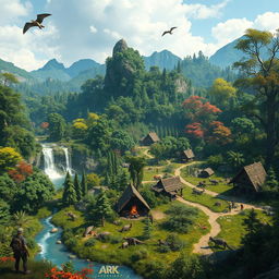 An expansive, lush prehistoric landscape inspired by the video game Ark: Survival Evolved, featuring an array of vibrant, diverse ecosystems
