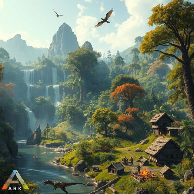 An expansive, lush prehistoric landscape inspired by the video game Ark: Survival Evolved, featuring an array of vibrant, diverse ecosystems