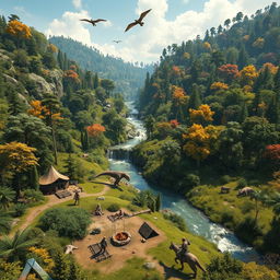 An expansive, lush prehistoric landscape inspired by the video game Ark: Survival Evolved, featuring an array of vibrant, diverse ecosystems