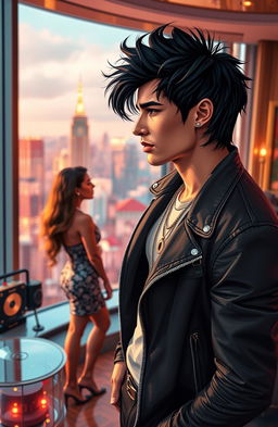 A young male singer with black hair, exuding confidence and charm, stands in a luxurious penthouse with stunning city views, showcasing his newfound wealth