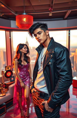 A young male singer with black hair, exuding confidence and charm, stands in a luxurious penthouse with stunning city views, showcasing his newfound wealth