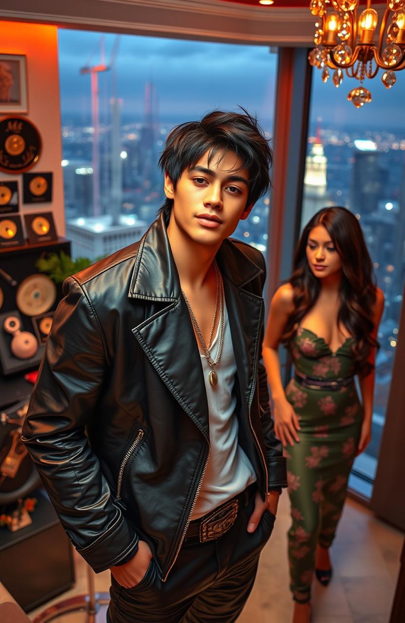 A young male singer with black hair, exuding confidence and charm, stands in a luxurious penthouse with stunning city views, showcasing his newfound wealth
