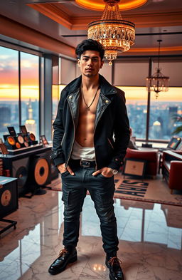 A young male singer with black hair, exuding confidence and charm, stands in a luxurious penthouse with stunning city views, showcasing his newfound wealth