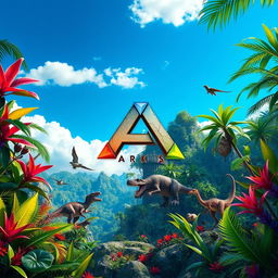 A vibrant and colorful background inspired by the game Ark: Survival Evolved, showcasing lush jungles, exotic plants, and fantastical creatures like dinosaurs and mythical beasts
