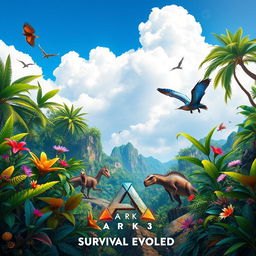 A vibrant and colorful background inspired by the game Ark: Survival Evolved, showcasing lush jungles, exotic plants, and fantastical creatures like dinosaurs and mythical beasts