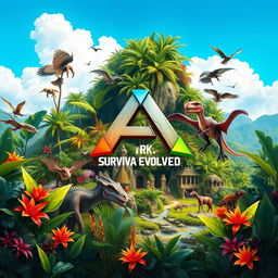 A vibrant and colorful background inspired by the game Ark: Survival Evolved, showcasing lush jungles, exotic plants, and fantastical creatures like dinosaurs and mythical beasts