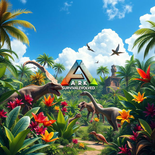 A vibrant and colorful background inspired by the game Ark: Survival Evolved, showcasing lush jungles, exotic plants, and fantastical creatures like dinosaurs and mythical beasts