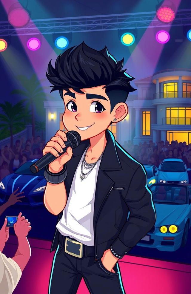 A young male singer with dark black hair, showcasing a confident and charismatic demeanor