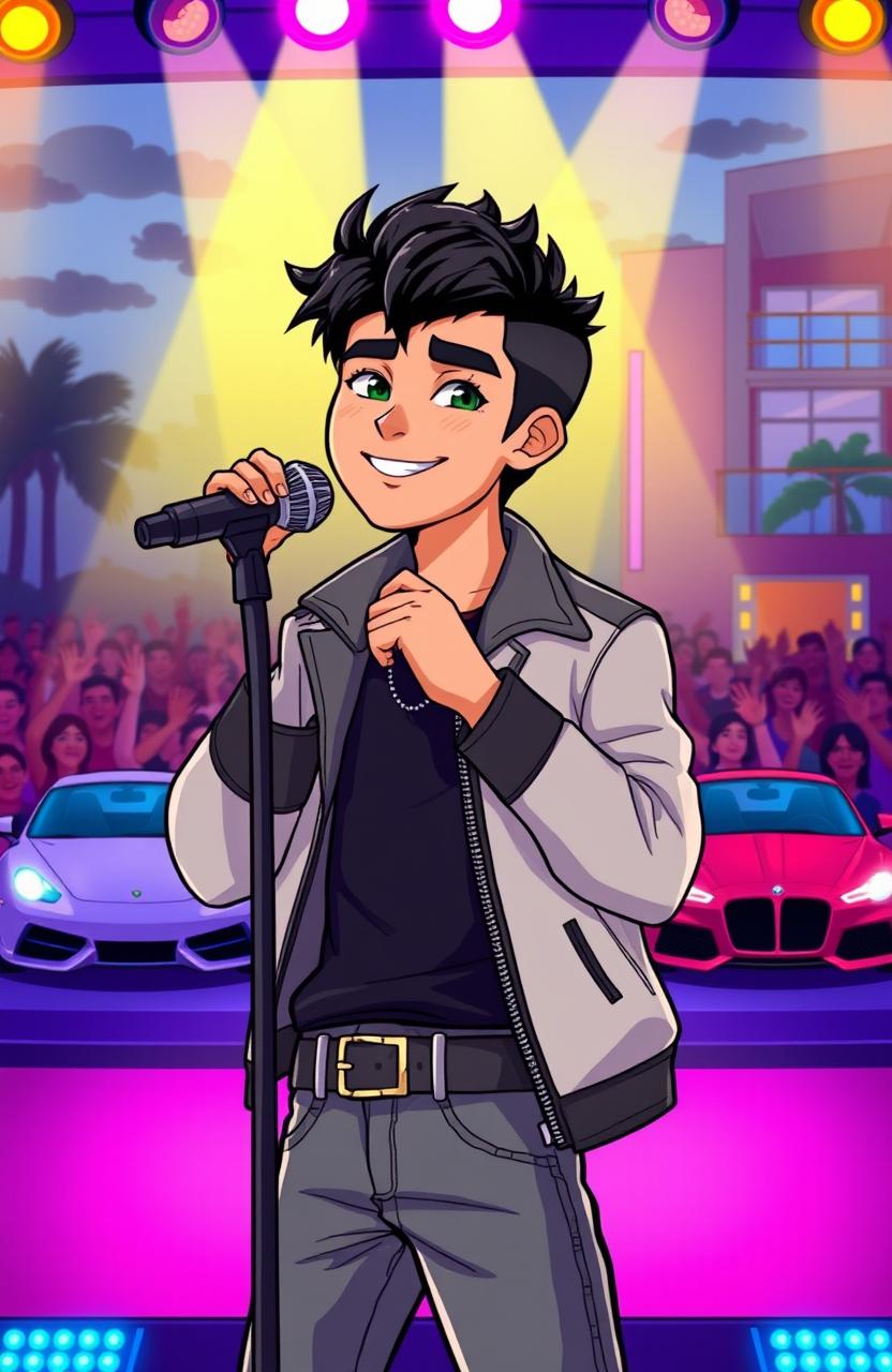 A young male singer with dark black hair, showcasing a confident and charismatic demeanor