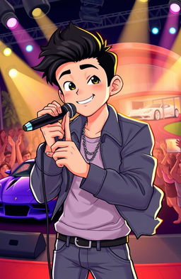 A young male singer with dark black hair, showcasing a confident and charismatic demeanor