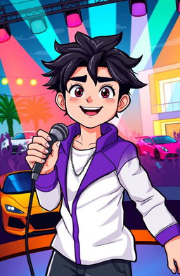 A young male singer with dark black hair, showcasing a confident and charismatic demeanor