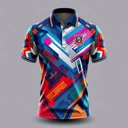 A detailed design of a full sublimation collar polo jersey specifically made for football, featuring dynamic patterns and vibrant colors